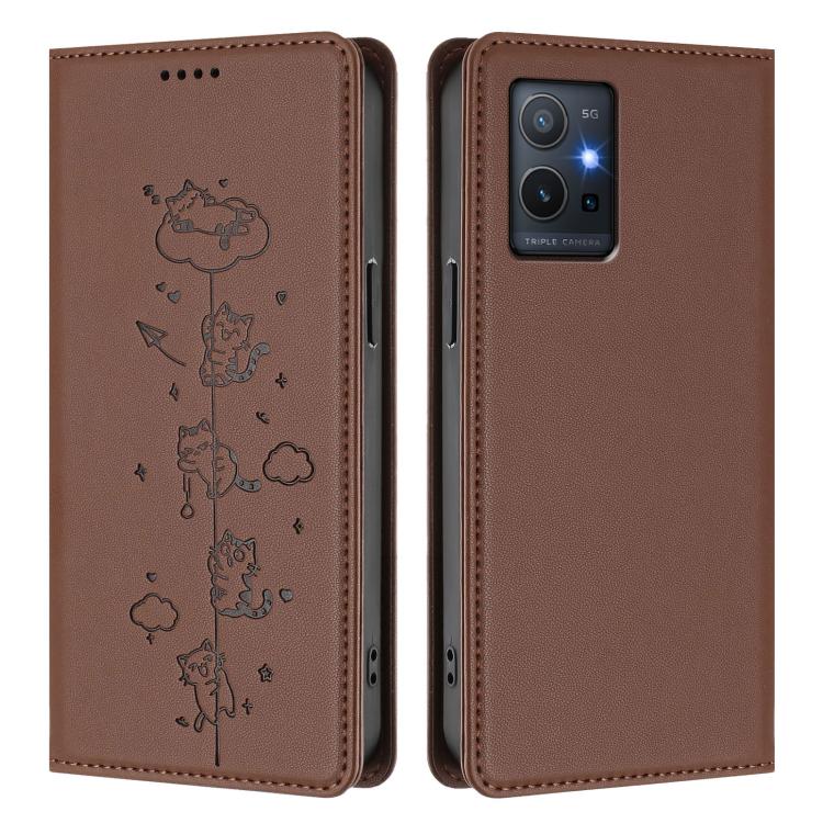 For vivo Y55s 5G / Y55 5G / Y75 5G Cute Cats Embossed Magnetic RFID Vegan Leather Phone Case