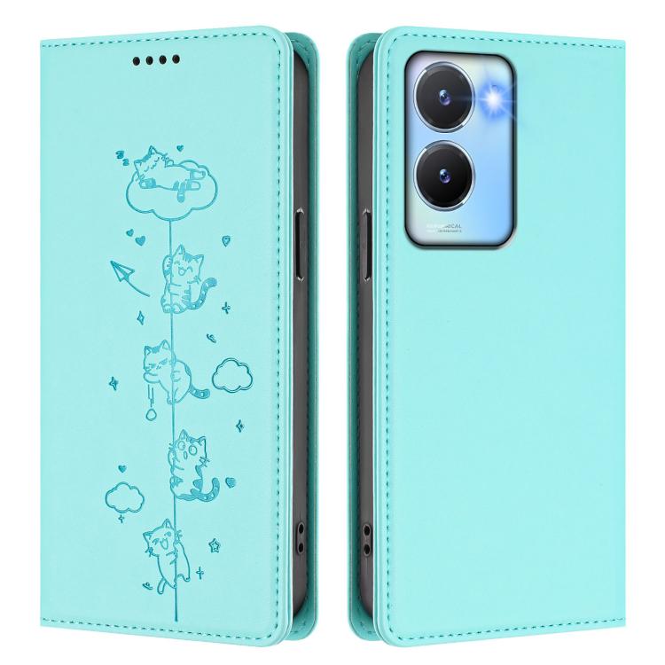For vivo Y56 5G / Y16 4G / Y02s 4G Cute Cats Embossed Magnetic RFID Vegan Leather Phone Case