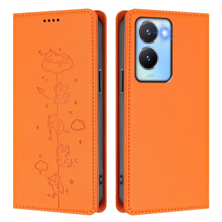 For vivo Y56 5G / Y16 4G / Y02s 4G Cute Cats Embossed Magnetic RFID Vegan Leather Phone Case