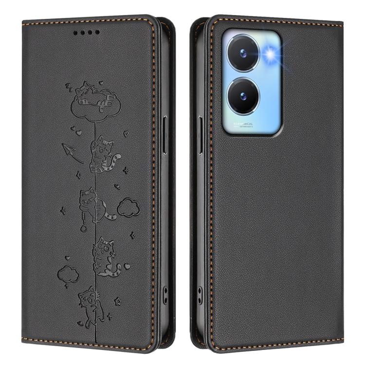 For vivo Y56 5G / Y16 4G / Y02s 4G Cute Cats Embossed Magnetic RFID Vegan Leather Phone Case