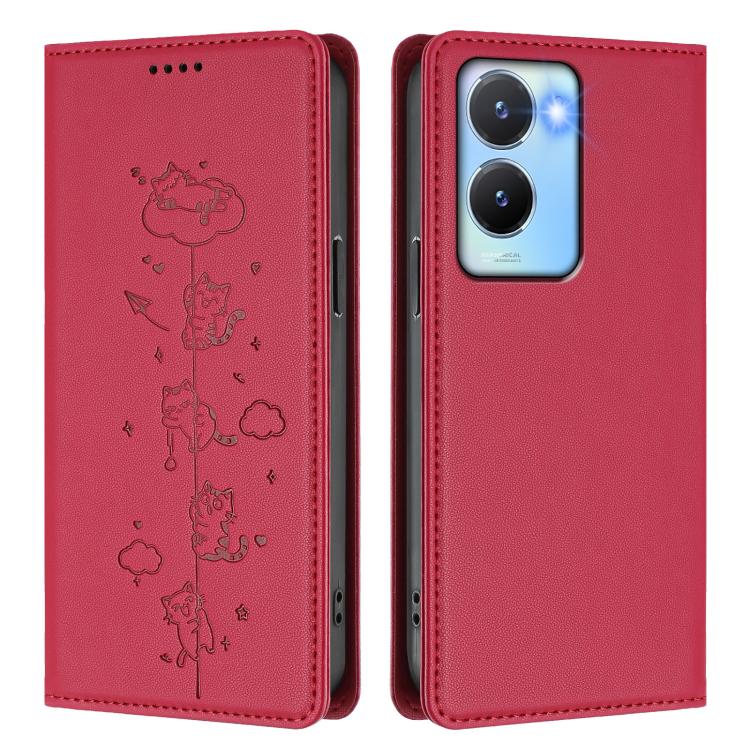 For vivo Y56 5G / Y16 4G / Y02s 4G Cute Cats Embossed Magnetic RFID Vegan Leather Phone Case