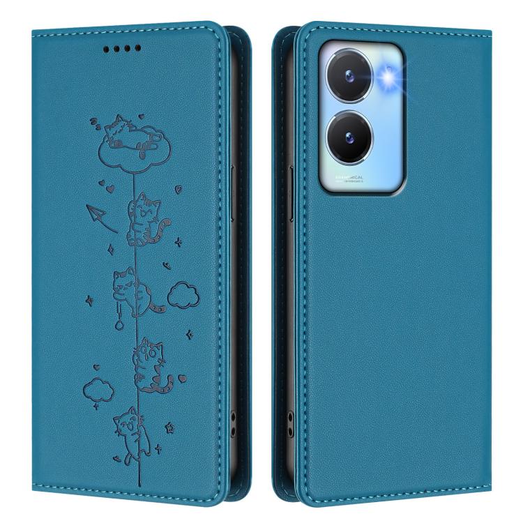 For vivo Y56 5G / Y16 4G / Y02s 4G Cute Cats Embossed Magnetic RFID Vegan Leather Phone Case