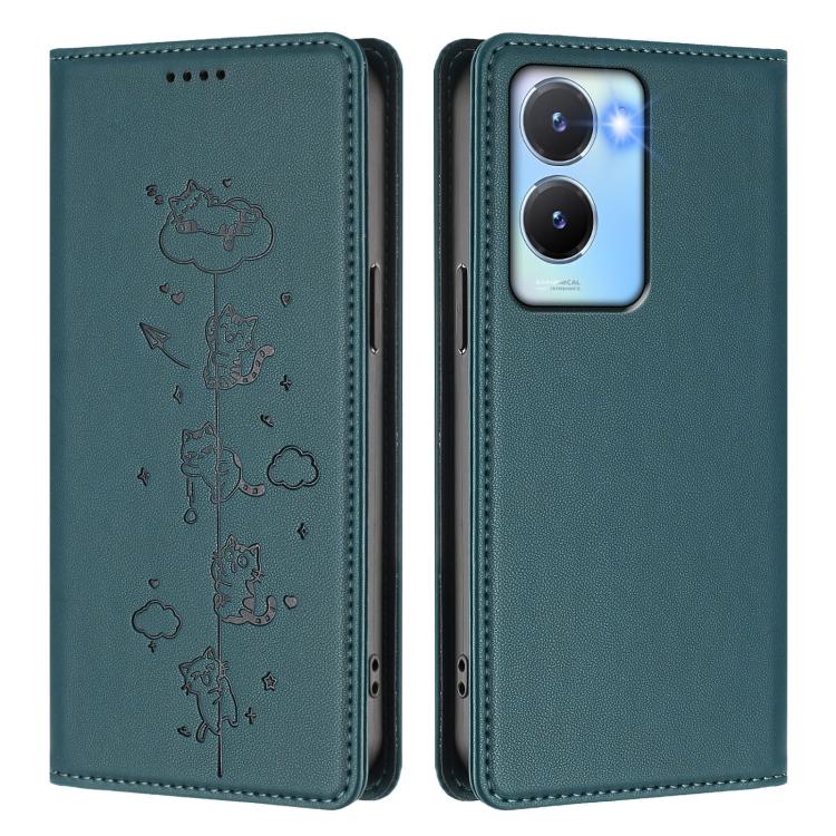 For vivo Y56 5G / Y16 4G / Y02s 4G Cute Cats Embossed Magnetic RFID Vegan Leather Phone Case