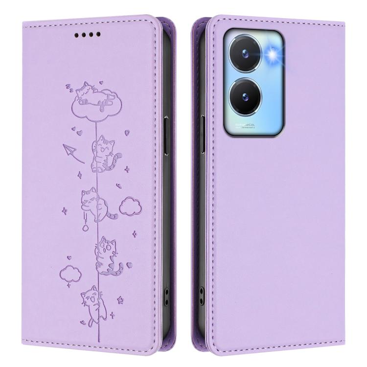 For vivo Y56 5G / Y16 4G / Y02s 4G Cute Cats Embossed Magnetic RFID Vegan Leather Phone Case
