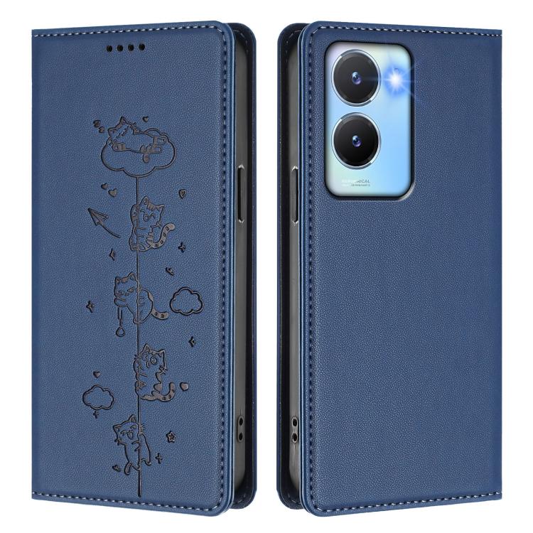 For vivo Y56 5G / Y16 4G / Y02s 4G Cute Cats Embossed Magnetic RFID Vegan Leather Phone Case