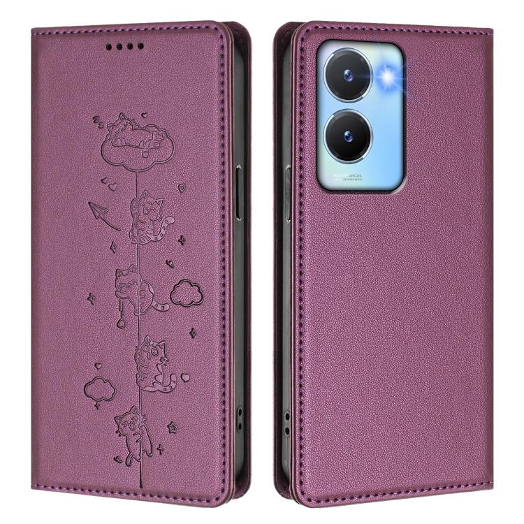 For vivo Y56 5G / Y16 4G / Y02s 4G Cute Cats Embossed Magnetic RFID Vegan Leather Phone Case