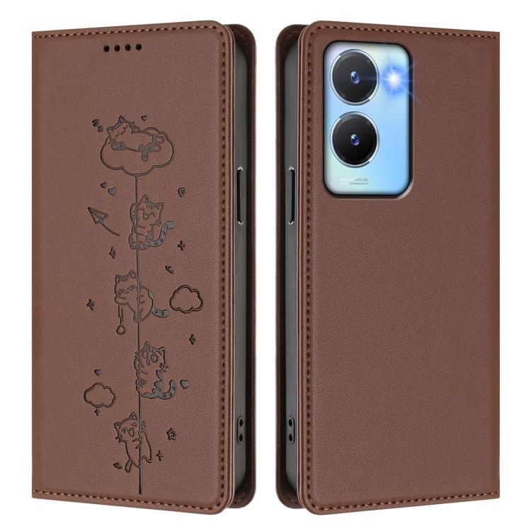 For vivo Y56 5G / Y16 4G / Y02s 4G Cute Cats Embossed Magnetic RFID Vegan Leather Phone Case