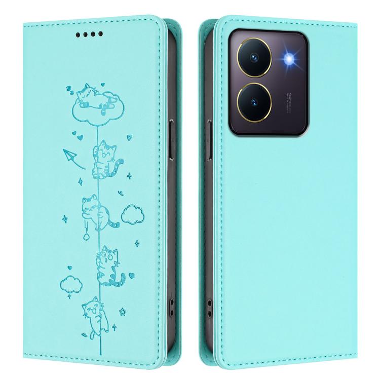 For vivo Y36 4G / Y27s 4G Cute Cats Embossed Magnetic RFID Vegan Leather Phone Case