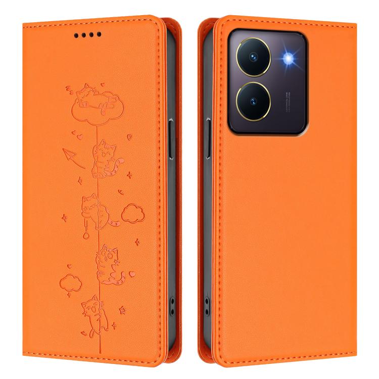 For vivo Y36 4G / Y27s 4G Cute Cats Embossed Magnetic RFID Vegan Leather Phone Case