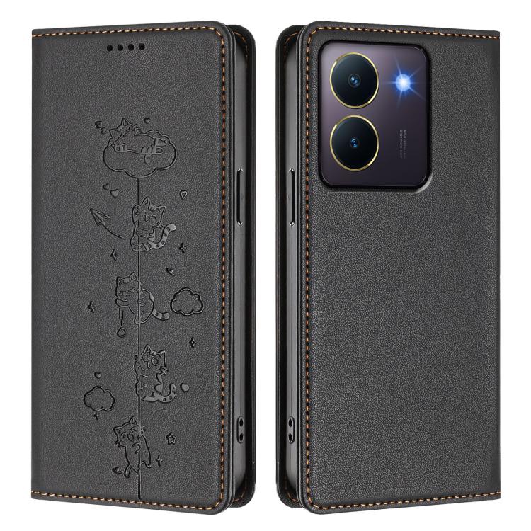 For vivo Y36 4G / Y27s 4G Cute Cats Embossed Magnetic RFID Vegan Leather Phone Case