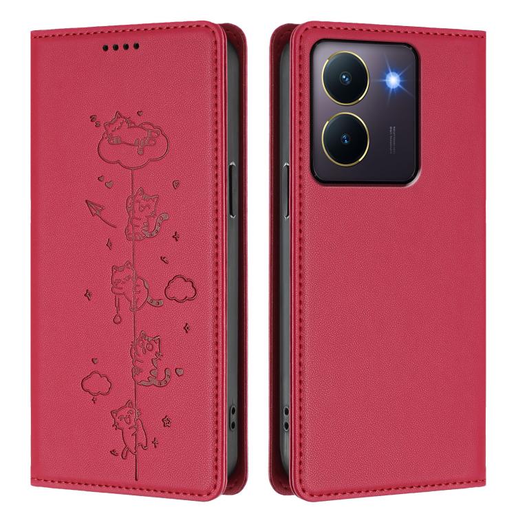For vivo Y36 4G / Y27s 4G Cute Cats Embossed Magnetic RFID Vegan Leather Phone Case