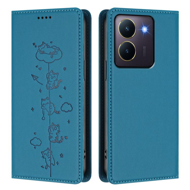 For vivo Y36 4G / Y27s 4G Cute Cats Embossed Magnetic RFID Vegan Leather Phone Case