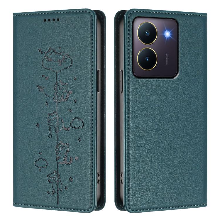 For vivo Y36 4G / Y27s 4G Cute Cats Embossed Magnetic RFID Vegan Leather Phone Case