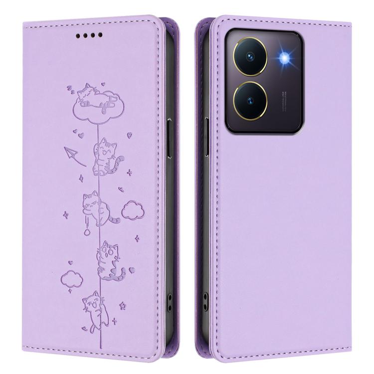 For vivo Y36 4G / Y27s 4G Cute Cats Embossed Magnetic RFID Vegan Leather Phone Case