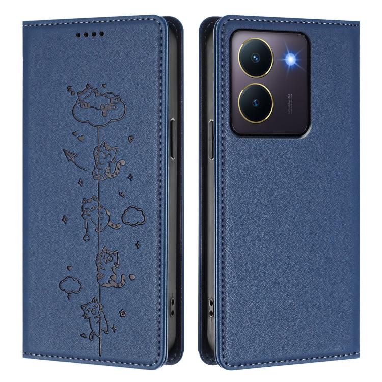 For vivo Y36 4G / Y27s 4G Cute Cats Embossed Magnetic RFID Vegan Leather Phone Case