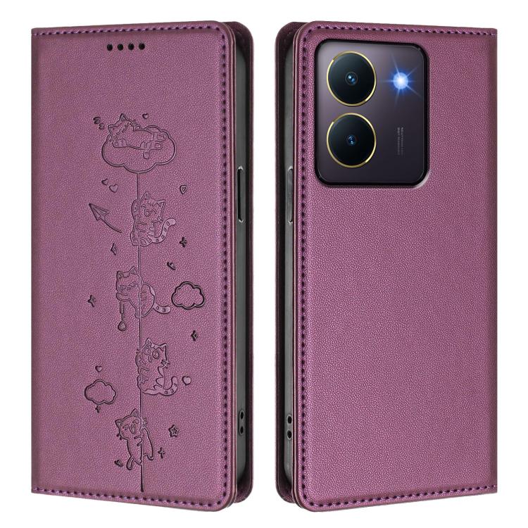 For vivo Y36 4G / Y27s 4G Cute Cats Embossed Magnetic RFID Vegan Leather Phone Case