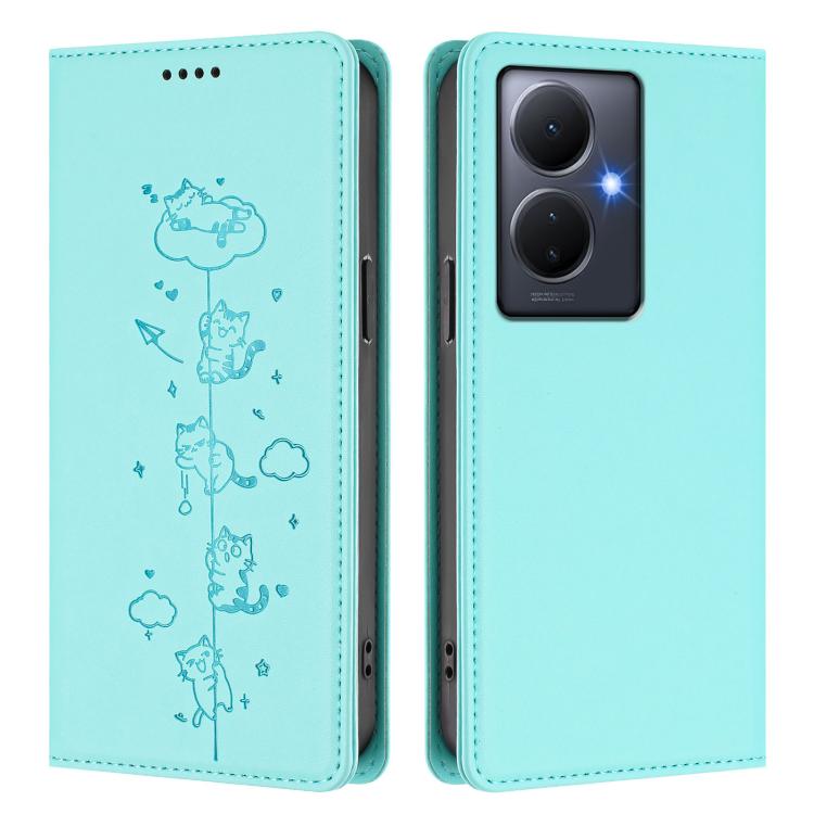 For vivo Y78+ 5G / Y78 5G Cute Cats Embossed Magnetic RFID Vegan Leather Phone Case