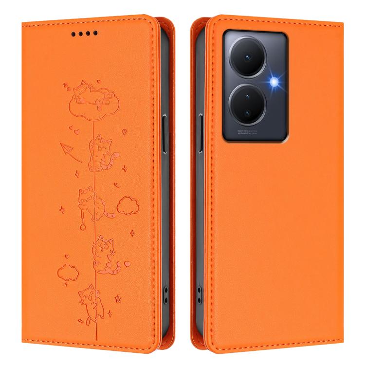 For vivo Y78+ 5G / Y78 5G Cute Cats Embossed Magnetic RFID Vegan Leather Phone Case