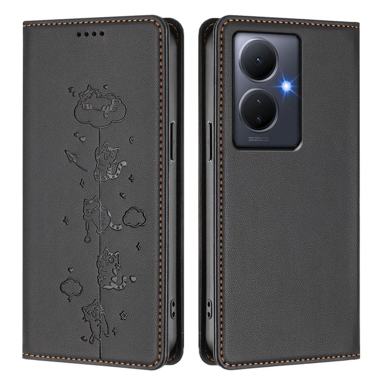 For vivo Y78+ 5G / Y78 5G Cute Cats Embossed Magnetic RFID Vegan Leather Phone Case