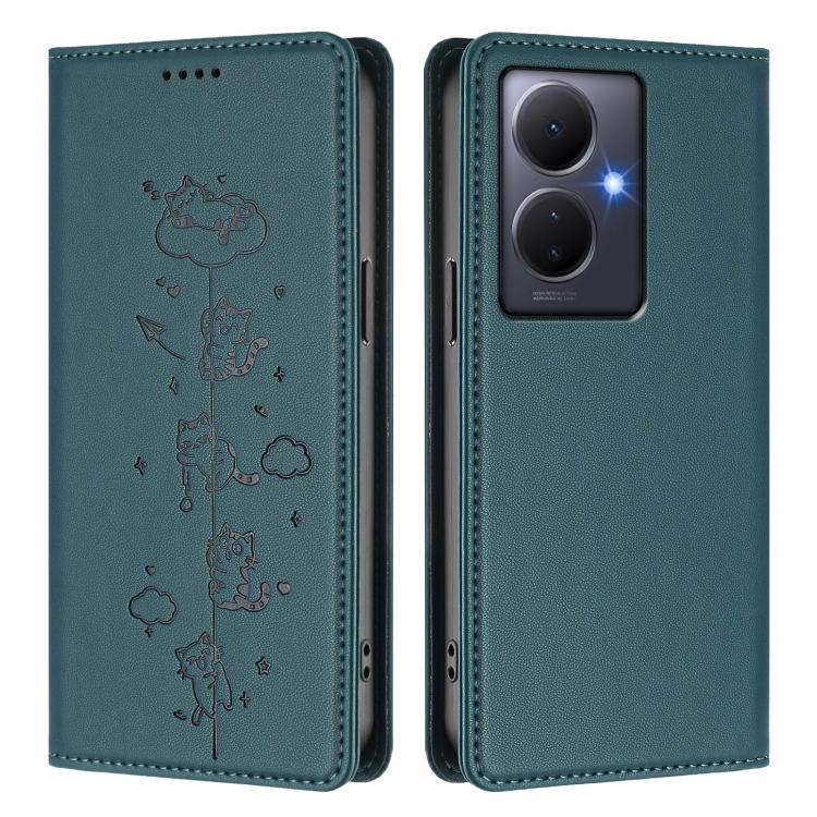 For vivo Y78+ 5G / Y78 5G Cute Cats Embossed Magnetic RFID Vegan Leather Phone Case