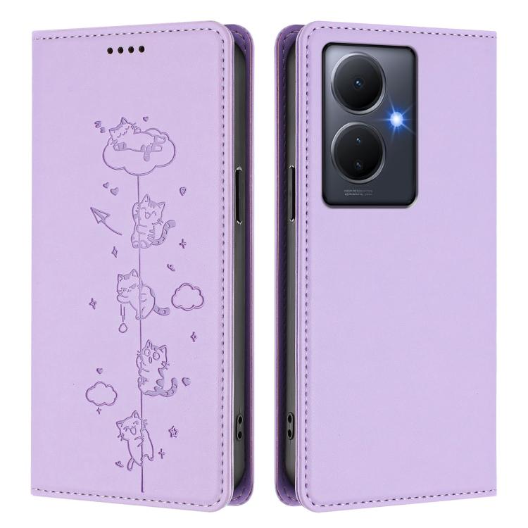 For vivo Y78+ 5G / Y78 5G Cute Cats Embossed Magnetic RFID Vegan Leather Phone Case