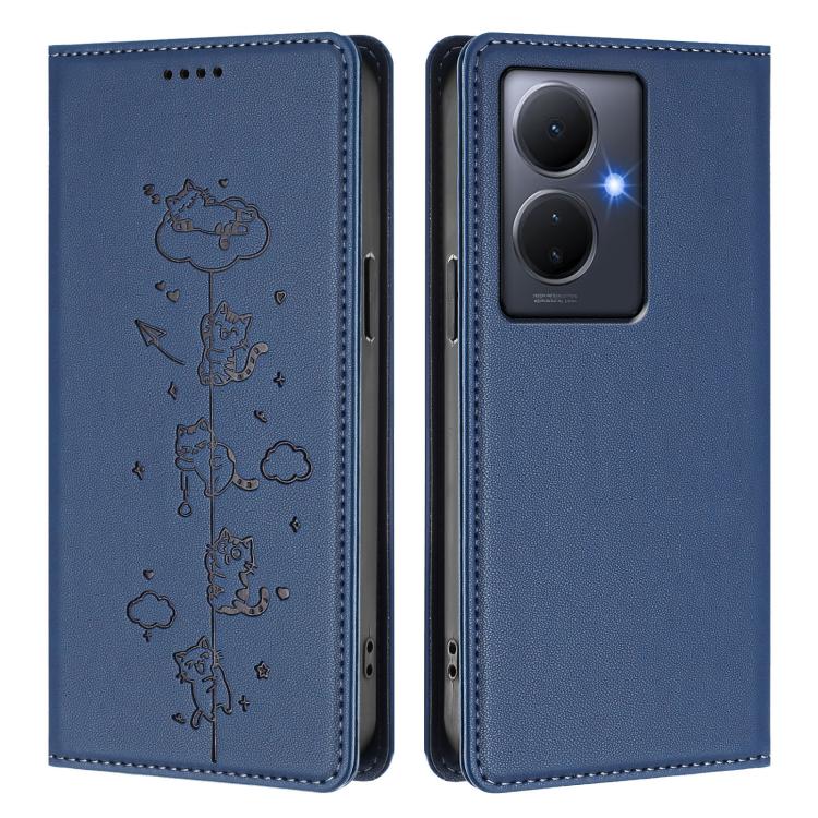For vivo Y78+ 5G / Y78 5G Cute Cats Embossed Magnetic RFID Vegan Leather Phone Case