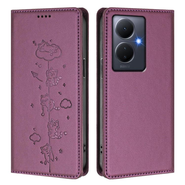 For vivo Y78+ 5G / Y78 5G Cute Cats Embossed Magnetic RFID Vegan Leather Phone Case