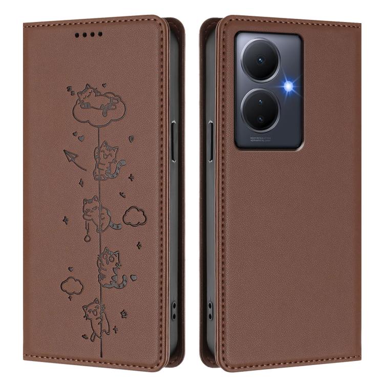 For vivo Y78+ 5G / Y78 5G Cute Cats Embossed Magnetic RFID Vegan Leather Phone Case