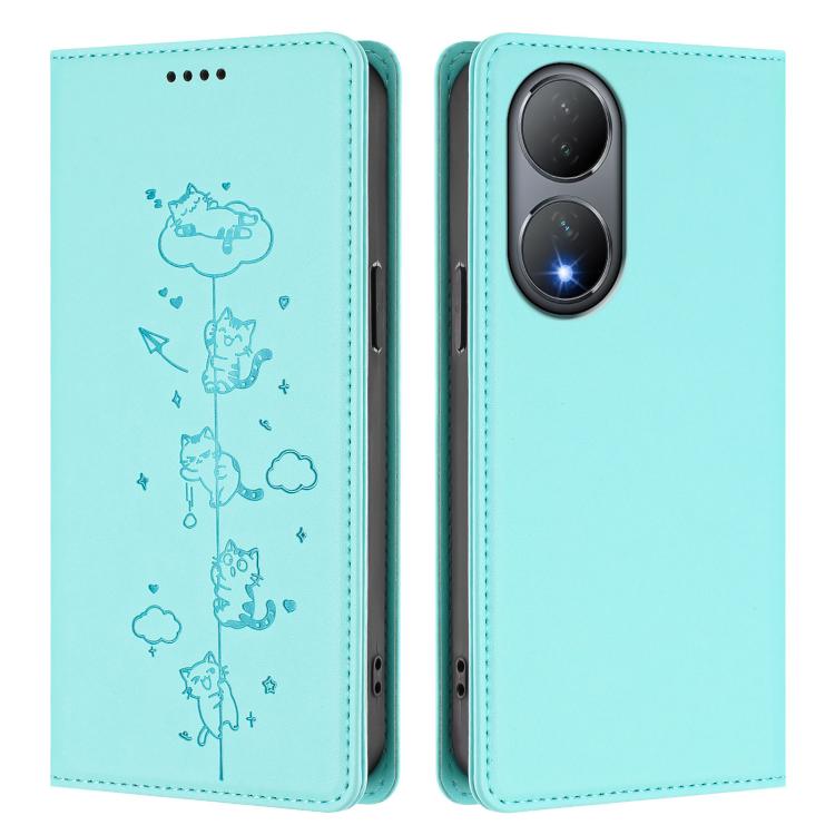 For vivo Y100 5G / Y100A 5G India Cute Cats Embossed Magnetic RFID Vegan Leather Phone Case