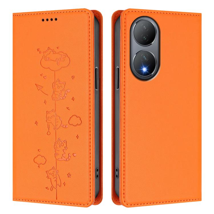 For vivo Y100 5G / Y100A 5G India Cute Cats Embossed Magnetic RFID Vegan Leather Phone Case