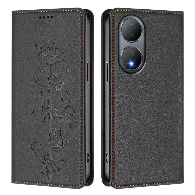 For vivo Y100 5G / Y100A 5G India Cute Cats Embossed Magnetic RFID Vegan Leather Phone Case