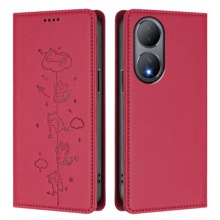 For vivo Y100 5G / Y100A 5G India Cute Cats Embossed Magnetic RFID Vegan Leather Phone Case