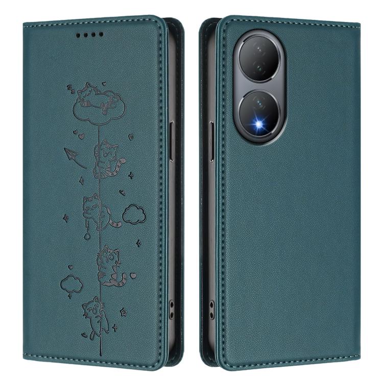 For vivo Y100 5G / Y100A 5G India Cute Cats Embossed Magnetic RFID Vegan Leather Phone Case
