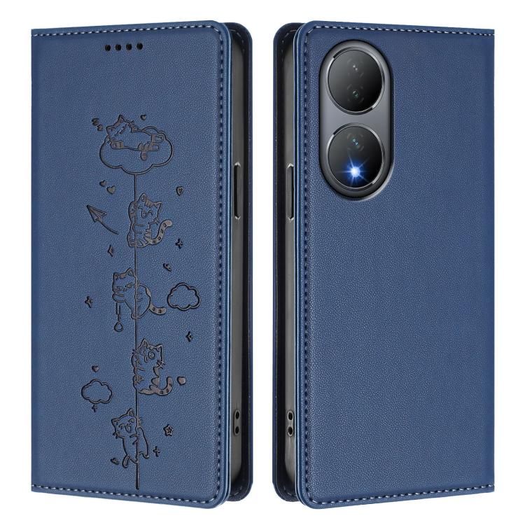 For vivo Y100 5G / Y100A 5G India Cute Cats Embossed Magnetic RFID Vegan Leather Phone Case
