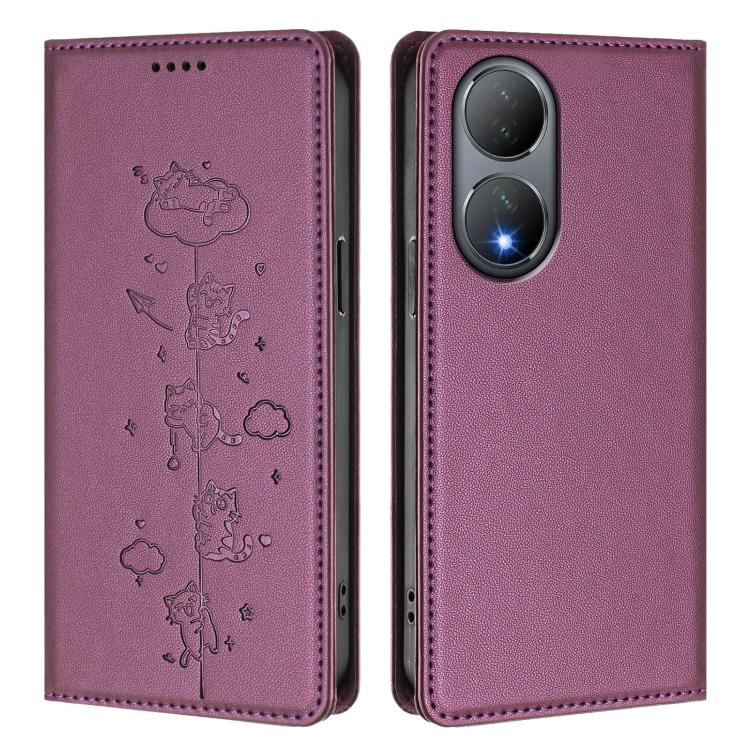 For vivo Y100 5G / Y100A 5G India Cute Cats Embossed Magnetic RFID Vegan Leather Phone Case