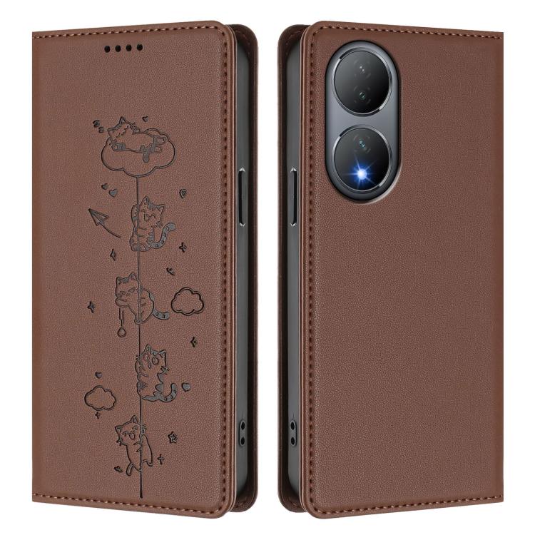For vivo Y100 5G / Y100A 5G India Cute Cats Embossed Magnetic RFID Vegan Leather Phone Case
