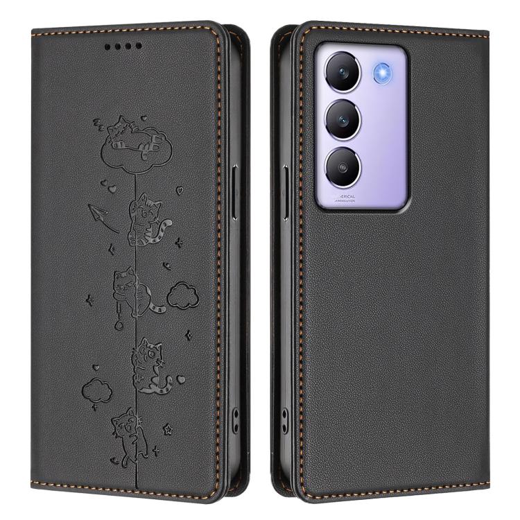 For vivo Y100 5G / T3 5G IDN Cute Cats Embossed Magnetic RFID Vegan Leather Phone Case