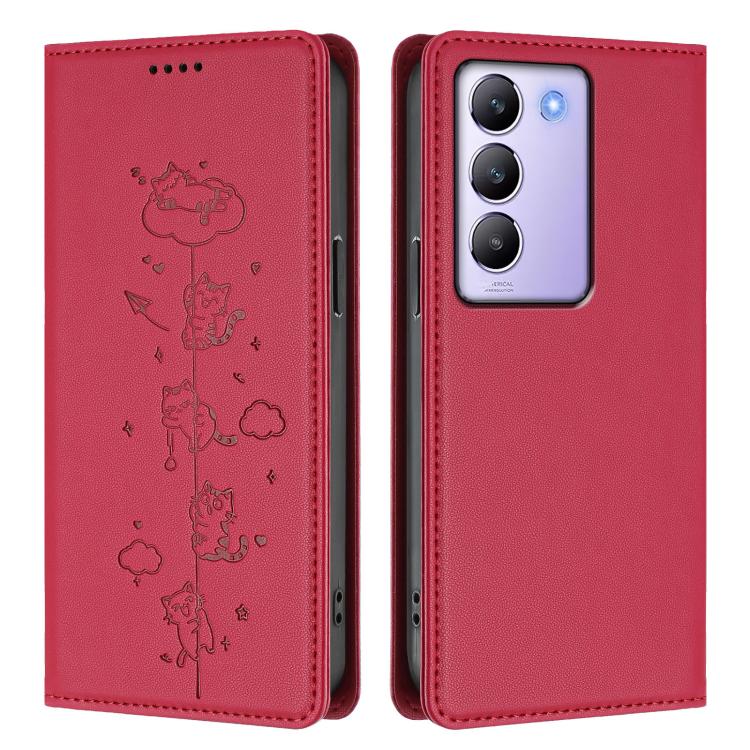 For vivo Y100 5G / T3 5G IDN Cute Cats Embossed Magnetic RFID Vegan Leather Phone Case