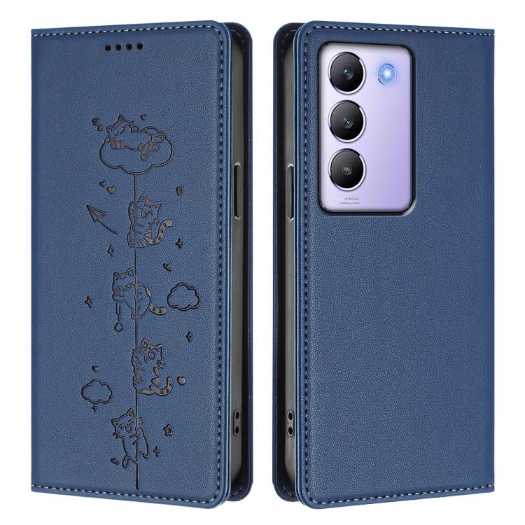 For vivo Y100 5G / T3 5G IDN Cute Cats Embossed Magnetic RFID Vegan Leather Phone Case