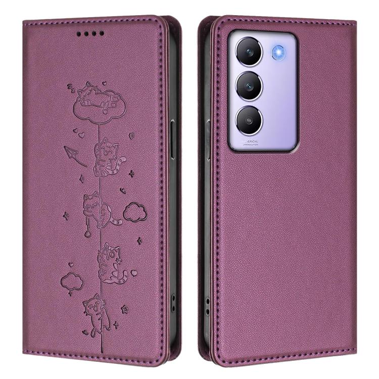 For vivo Y100 5G / T3 5G IDN Cute Cats Embossed Magnetic RFID Vegan Leather Phone Case