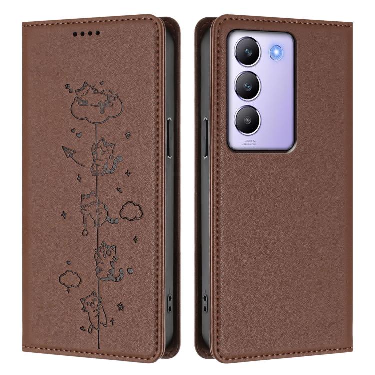 For vivo Y100 5G / T3 5G IDN Cute Cats Embossed Magnetic RFID Vegan Leather Phone Case