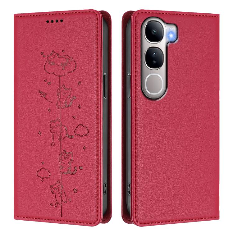 For vivo V40 Lite 5G / 4G / Y300 5G IDN Cute Cats Embossed Magnetic RFID Vegan Leather Phone Case