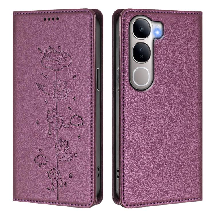 For vivo V40 Lite 5G / 4G / Y300 5G IDN Cute Cats Embossed Magnetic RFID Vegan Leather Phone Case