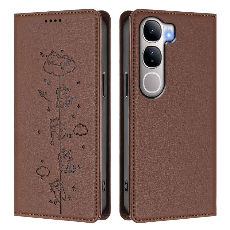 For vivo V40 Lite 5G / 4G / Y300 5G IDN Cute Cats Embossed Magnetic RFID Vegan Leather Phone Case