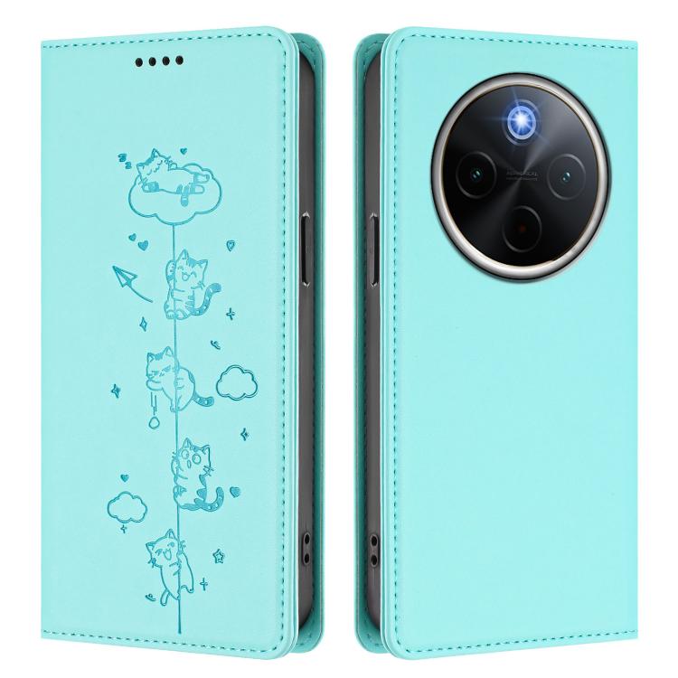 For vivo Y300 Pro+ 5G / T4 5G Cute Cats Embossed Magnetic RFID Vegan Leather Phone Case