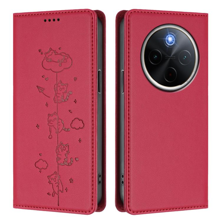 For vivo Y300 Pro+ 5G / T4 5G Cute Cats Embossed Magnetic RFID Vegan Leather Phone Case