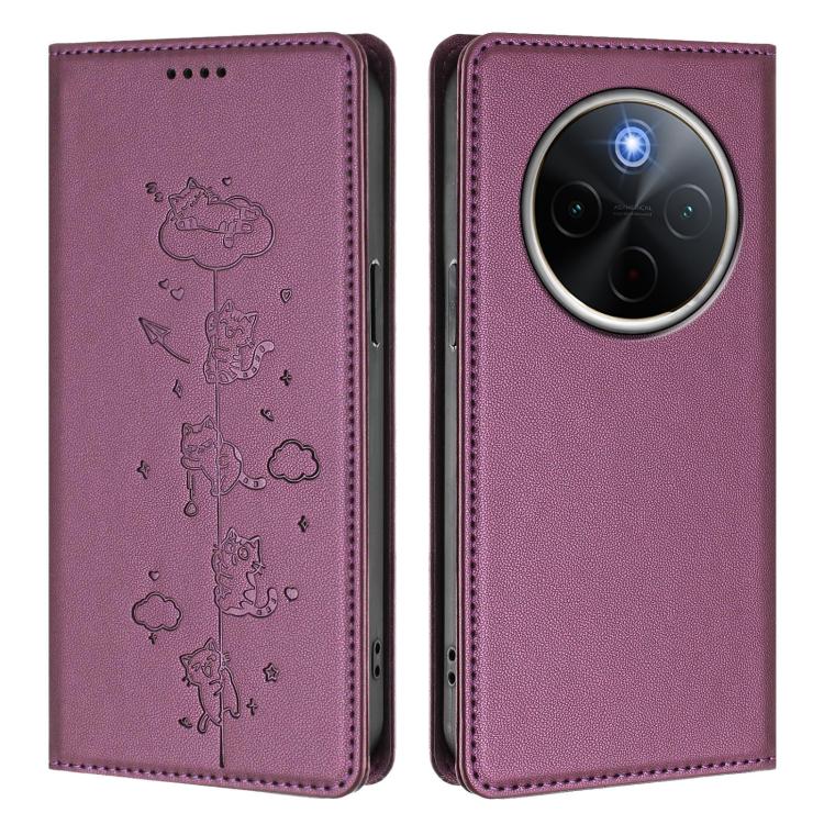 For vivo Y300 Pro+ 5G / T4 5G Cute Cats Embossed Magnetic RFID Vegan Leather Phone Case
