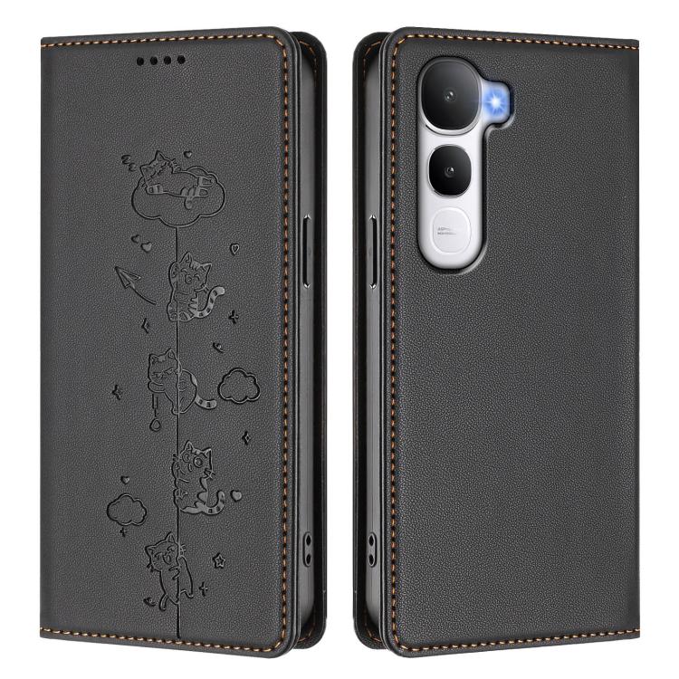 For vivo Y400 5G / 4G Cute Cats Embossed Magnetic RFID Vegan Leather Phone Case