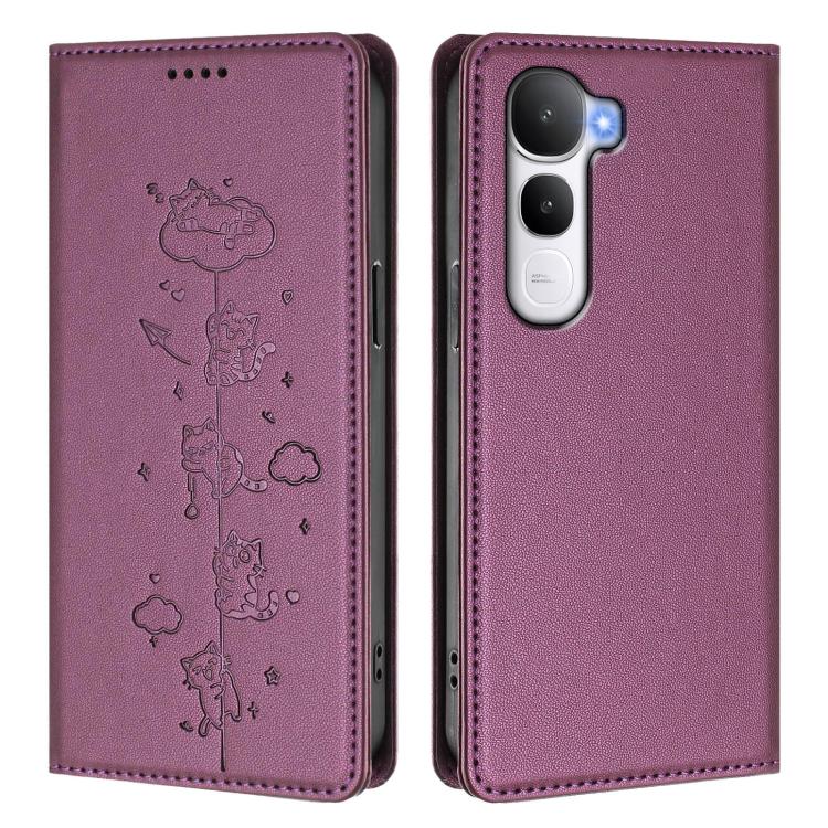For vivo Y400 5G / 4G Cute Cats Embossed Magnetic RFID Vegan Leather Phone Case