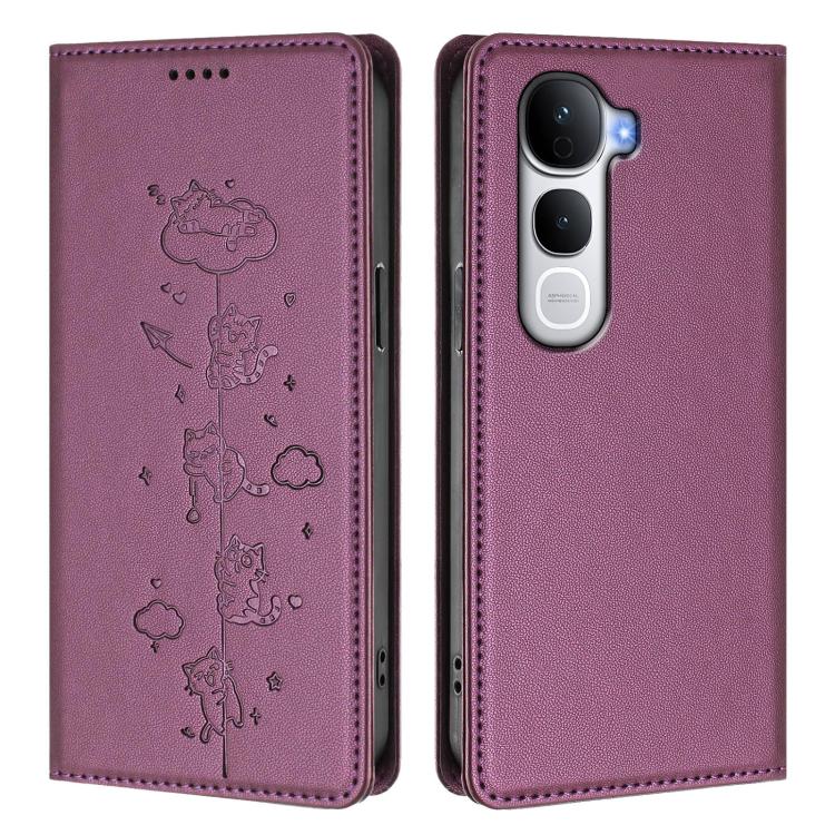 For vivo Y400 Pro 5G Cute Cats Embossed Magnetic RFID Vegan Leather Phone Case